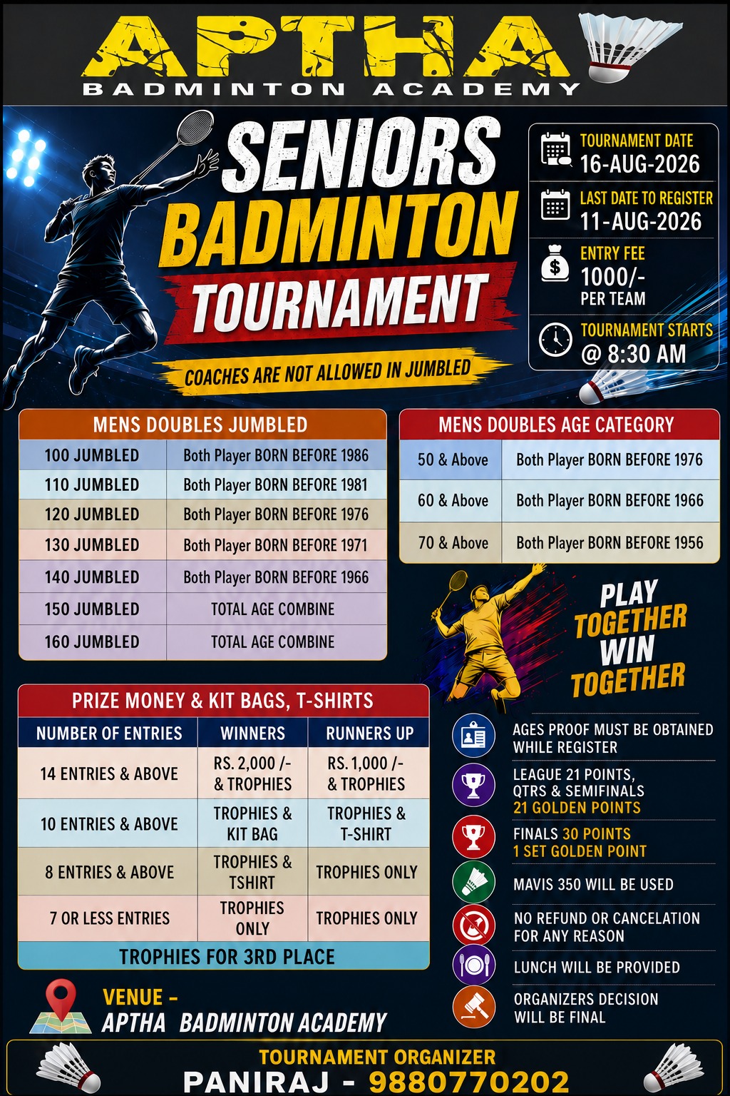 Seniors Badminton Tournament - Aptha Badminton Academy poster